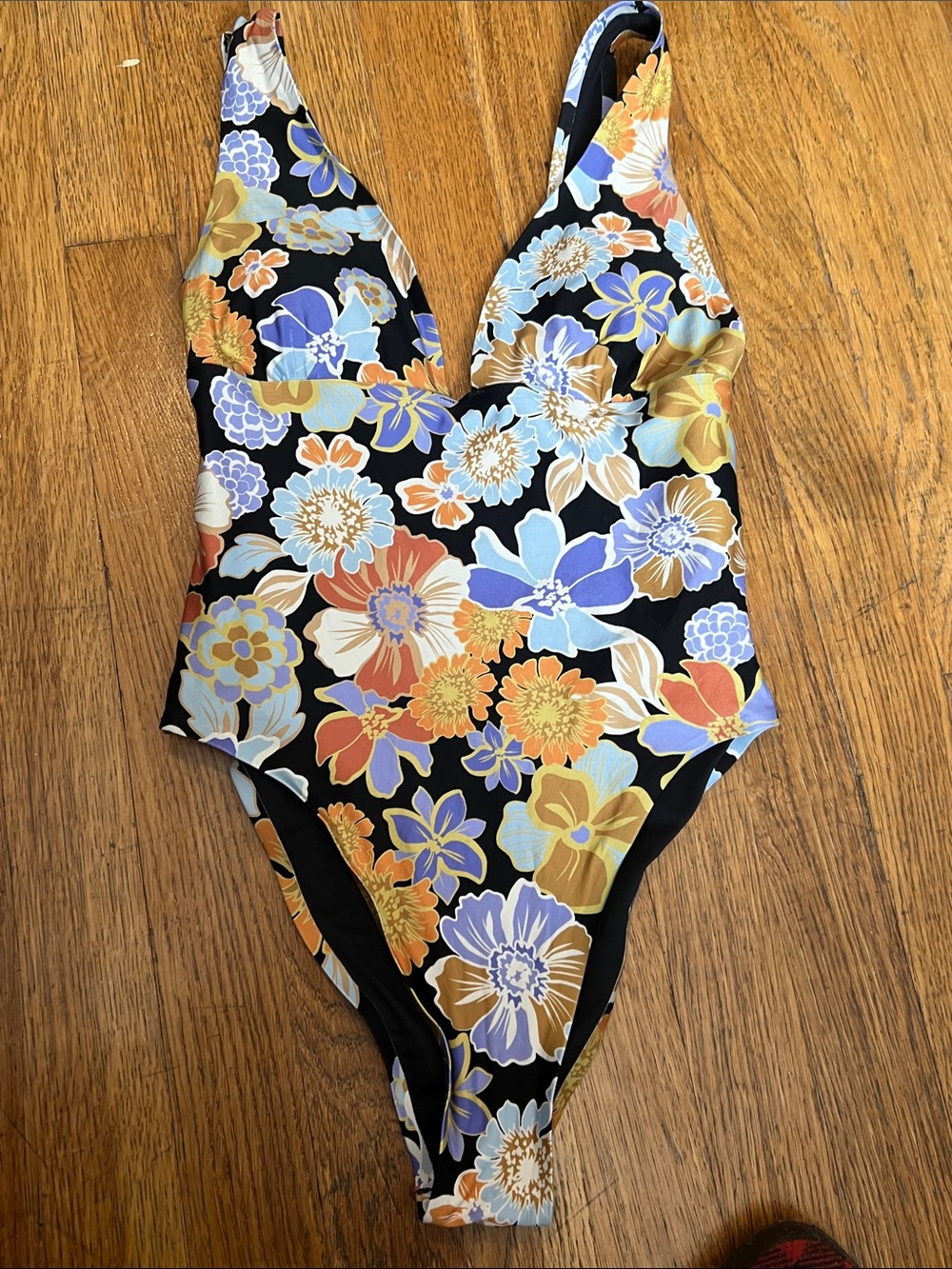 l*space Black Floral One-Piece Swimsuit with Blue, Orange & Cream Flowers